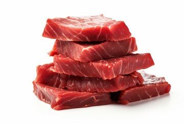 Pieces of raw roast beef meat isolated on white background. Raw meat, cut into pieces
