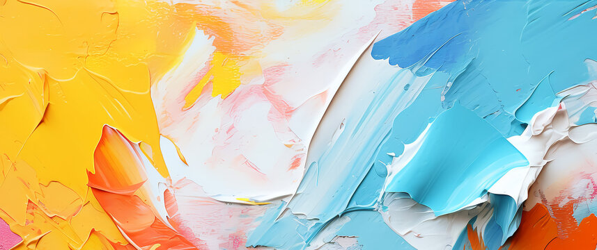 Abstract colorful oil painting on canvas. Oil paint texture with brush and palette knife strokes. Multi colored wallpaper. Macro close up acrylic background. Modern art concept. Horizontal fragment
