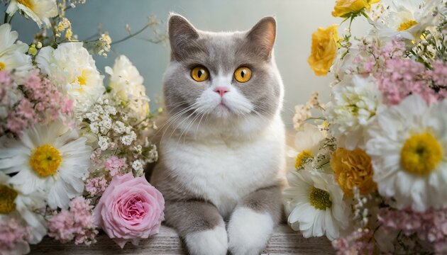 Lovely shorthair cat among white,  pink, yellow flowers on pale blue background. Art card