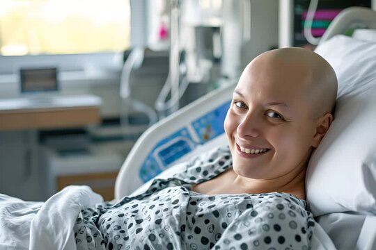 A smiling bald woman in a hospital gown, lying in bed, exuding strength and positivity in a hospital room.