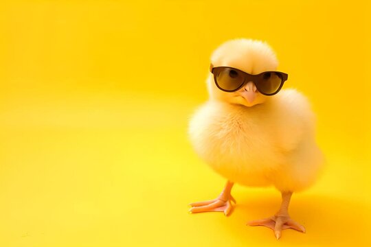 A fluffy yellow chick with stylish sunglasses standing on a vibrant yellow background.
