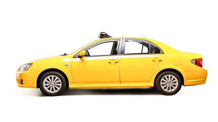 Side view yellow taxi car isolated on white.
 - obrazy, fototapety, plakaty