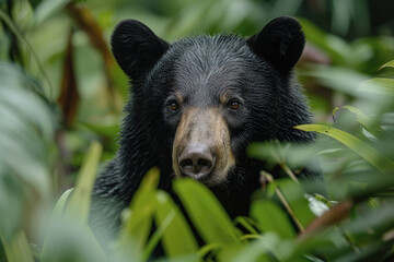 Bear hiding in thickets of summer forest, Baribal wild dangerous animal outdoors looking at camera