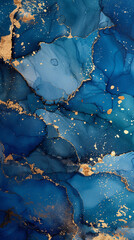 An abstract background in alcohol ink painting technique, mixture of blue and golden  colors, with glowing golden veins and splashes. Fluid painting, luxury abstract, dreamy design