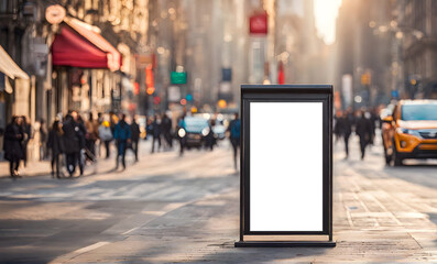Advertising stand in a city street setting