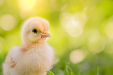 A young, soft, yellow chick in a vibrant green field with a bokeh background, looking curiously.