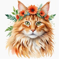 Watercolor red tabby norwegian forest cat with floral wreath on head