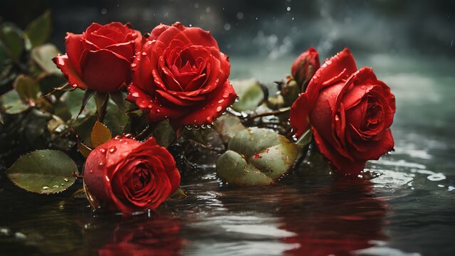 A photograph of a red roses with water

