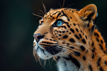 Side view of spotted leopard outdoors, wild predatory animal looking up