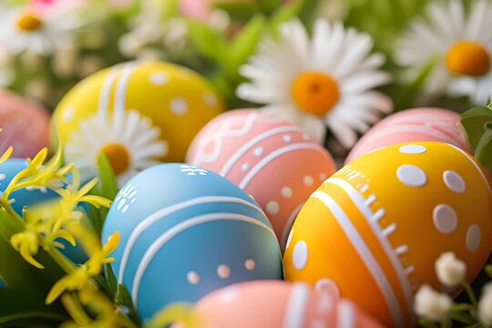 Colorful Easter eggs with various patterns nestled among spring flowers and greenery.