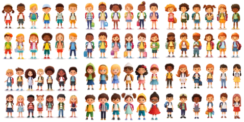 Foto op Canvas Cartoon characters of schoolchildren of diverse nationalities on transparent background PNG © I LOVE PNG