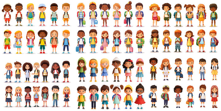 Cartoon characters of schoolchildren of diverse nationalities on transparent background PNG