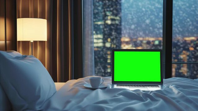 Laptop with replaceable chroma key screen in apartment bedroom before wide window with winter cityscape, looped footage