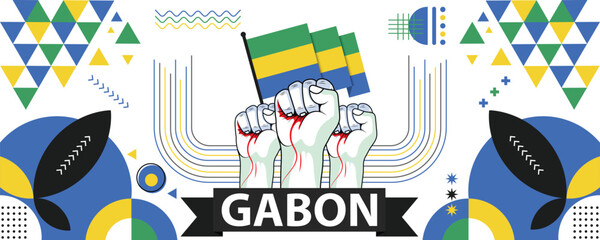 Gabon national or independence day banner design for country celebration. Flag of Gabon modern retro design abstract geometric icons. Vector illustration