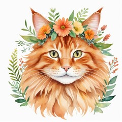 Watercolor red tabby norwegian forest cat with flowers around