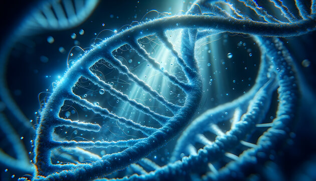 DNA molecule. The helical blue molecule of a nucleotide in organism like in space. Concept genome