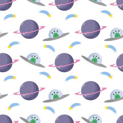 Cosmic seamless pattern. Background for kids, space with planet, star, ufo spaceship alien.