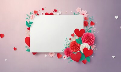 Postcard template for wedding and St. Valentine's Day. Lilac background with white mockup decorated with roses and hearts. Anniversary and holiday concept. Ai generation