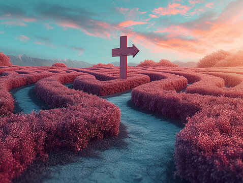 concetto di direzioni multiple, molte possibilit&agrave;, sfondo minimalista e surreale di labirinto o strada con diverse opzioni, cespugli  e freccia