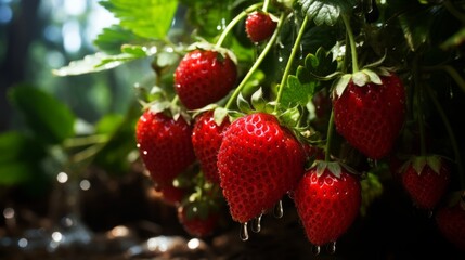 strawberries on the field, close-up, shallow depth of field