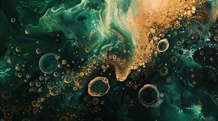 An abstract background in alcohol ink painting technique, a mixture of green and golden colors, with glowing golden veins and splashes. Fluid painting, luxury abstract, dreamy design
