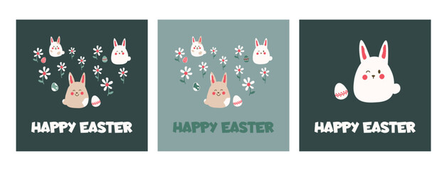 Greeting card Happy Easter with bunnies and Easter eggs