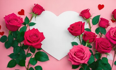 Postcard template for wedding and St. Valentine's Day. Pink background with white mockup heart decorated with red roses. Anniversary and holiday concept. Ai generative