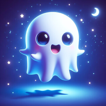 Cartoon of funny and friendly little ghost, hovering in the air. AI generated