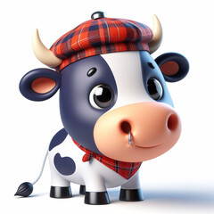 Funny Scottish cow 3D cartoon, Scotland, Highlands. Invitation card. AI generated