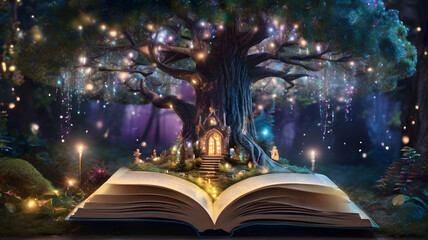 enchanted magic fairytale book with fantasy scene pop up on page, fairy forest with big tree with glitter glow light at night time