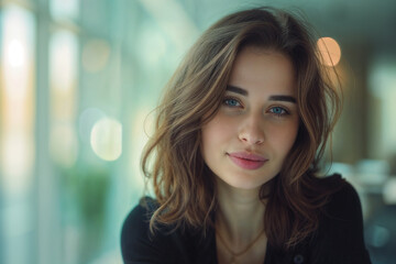 Fototapeta premium Beautiful woman at office meeting. Smiling hr hiring recruit at job interview