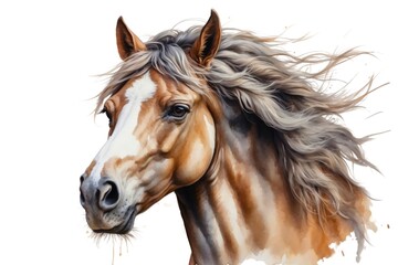 Watercolor illustration portrait of a horse on isolated white background.
