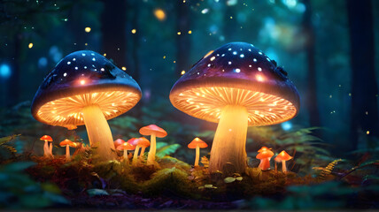 Fototapeta na wymiar Glowing mushroom lamps with fireflies in magical forest
