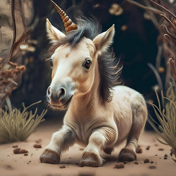 cutest adorable Unicorn baby around forest background. Digital artwork. Ai generated