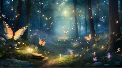 Enchanted forest clearing with fireflies, fairies, and woodland creatures celebrating