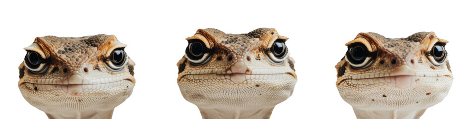 Three Gecko Heads in Close-up, Expressive Wildlife Portraits on White Background