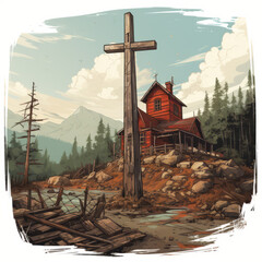 mountain chapel with a wooden cross in the wilderness, 