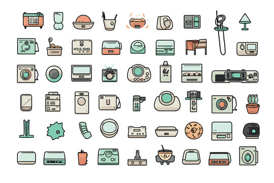 Icon set in a flat style of household items on a white transparent background.