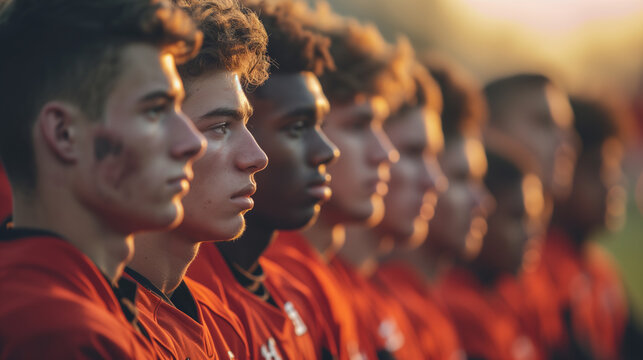 Football players in a row listening to a coach during a pre game ritual. 