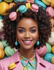 Fototapeta na wymiar Decadent Chic: Cute African American Woman Charms in a Macaron-Inspired Fashion Delight