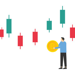 Bitcoin business concept, Businessman holding bitcoin in front of the rising chart. Accumulation and buying cryptocurrency concept. Vector illustration.