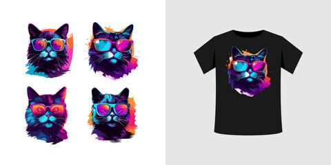cat wearing glasses illustration with neon style. vector files can be for T shirts, sticker, printing needs, generated by AI