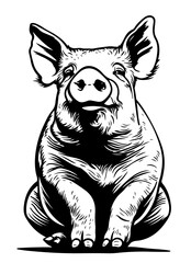 A front view line drawing black and white ink sketch of a cute fat pig sitting on the ground directly facing the camera
