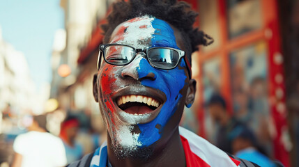 A joyful young dark-skinned guy with a face painted in the blue and red colors of the French flag welcomes the event