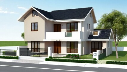 3d house model rendering on white background, Clean and precise 3D illustration modern cozy house. Concept for real estate or property.