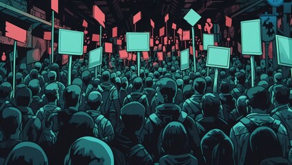 a cartoon showing crowds with signs Generative AI - obrazy, fototapety, plakaty