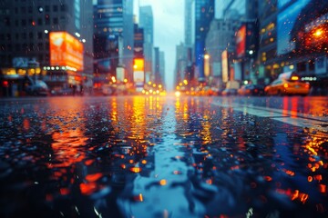 In the midst of a bustling metropolis, rain falls upon the reflective streets, illuminating the towering skyscrapers and wet cityscape