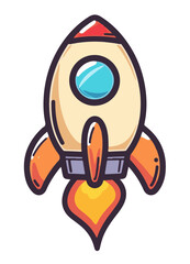A colorful simple space rocket with orange fins and flames shooting out from the engine