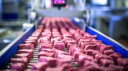 Raw meat cuts on a industrial conveyor belt. Meat processing in food industry.

