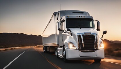 white trailer truck driving alone on empty American roads at sunset, long exposure, isolated white background
